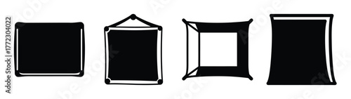 Collection of four stylized black rectangular frames and squares with unique border designs