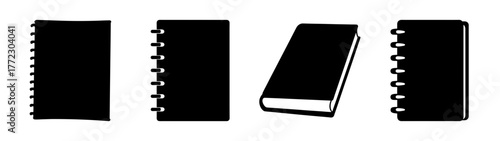 Collection of black notebook icons in different perspectives, isolated on white background