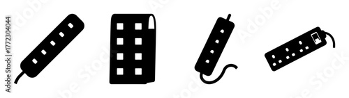 Collection of black electrical power strip icons on a white background, showcasing different designs and orientations for versatile use in design and technology contexts