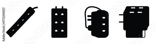 Four types of electrical surge protectors and power strips isolated graphics for protection and connectivity