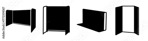 Set of four black silhouette illustrations of display boards or presentation boards in various configurations and angles on a white background, isolated on white background