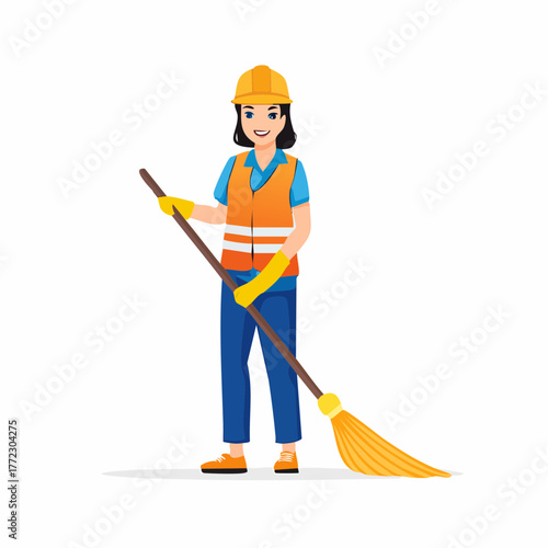 Smiling Female Street Sweeper with Safety Gear - AI Generated
