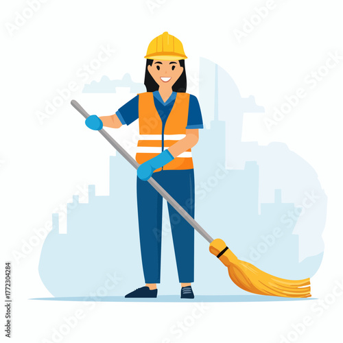 Female Street Cleaner Holding Broom - AI Generated