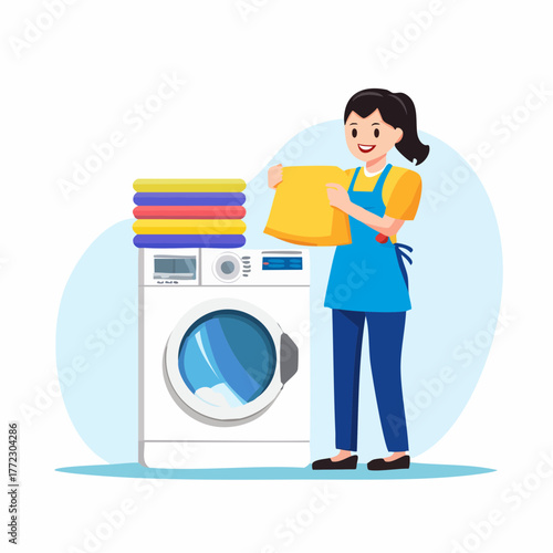 Happy Laundry Worker Folding Clean Clothes - AI Generated