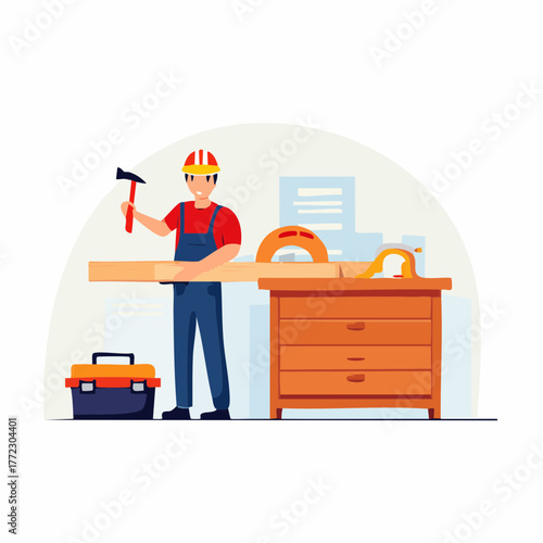 Male Carpenter Working with Hammer and Tools - AI Generated