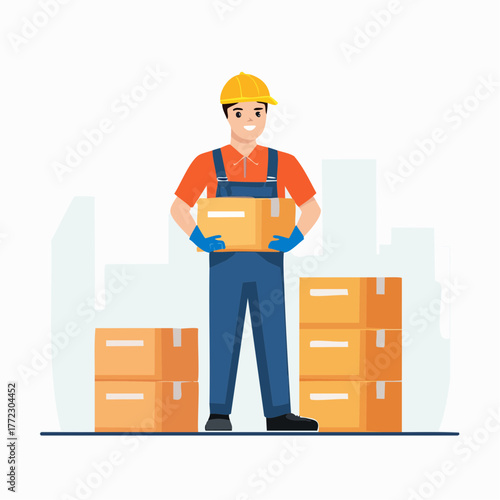 Warehouse Worker Holding Cardboard Box - AI Generated