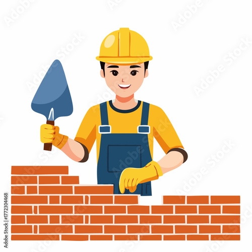 Male Bricklayer Building Wall with Trowel - AI Generated