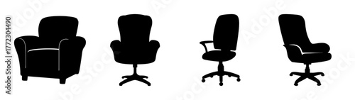 Collection of four black silhouette chairs, including an armchair and three office chairs, isolated on white background