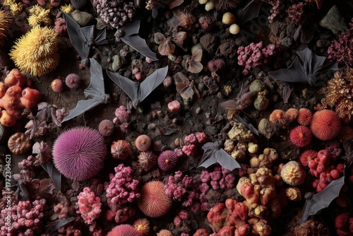 Bats fly amongst coral fungi, stones, and detritus on the cave floor. This striking image is perfect for fantasy, nature, or Halloween themes.