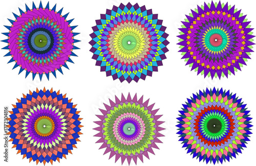 Vibrant Geometric Mandalas with Intricate Radial Patterns and Colorful Designs