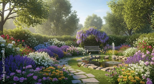 Enchanting spring garden paradise bursts with vibrant floral colors, a tranquil pond, and a wisteria-draped bench inviting peaceful contemplation amidst butterflies and lush greenery.