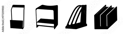 Collection of four black silhouette icons representing different types of shelving and storage units, isolated on white background
