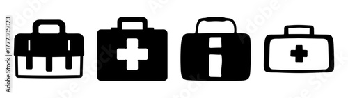 A collection of four medical bags and first aid kits in black and white icons, isolated on white background