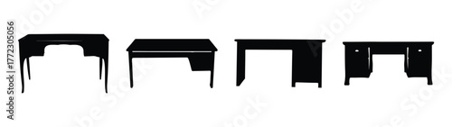 Collection of four black silhouette desks, showcasing different designs and styles for office or home use