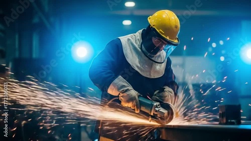 Worker grinding metal with safety gear and sparks flying in a dimly lit factory setting