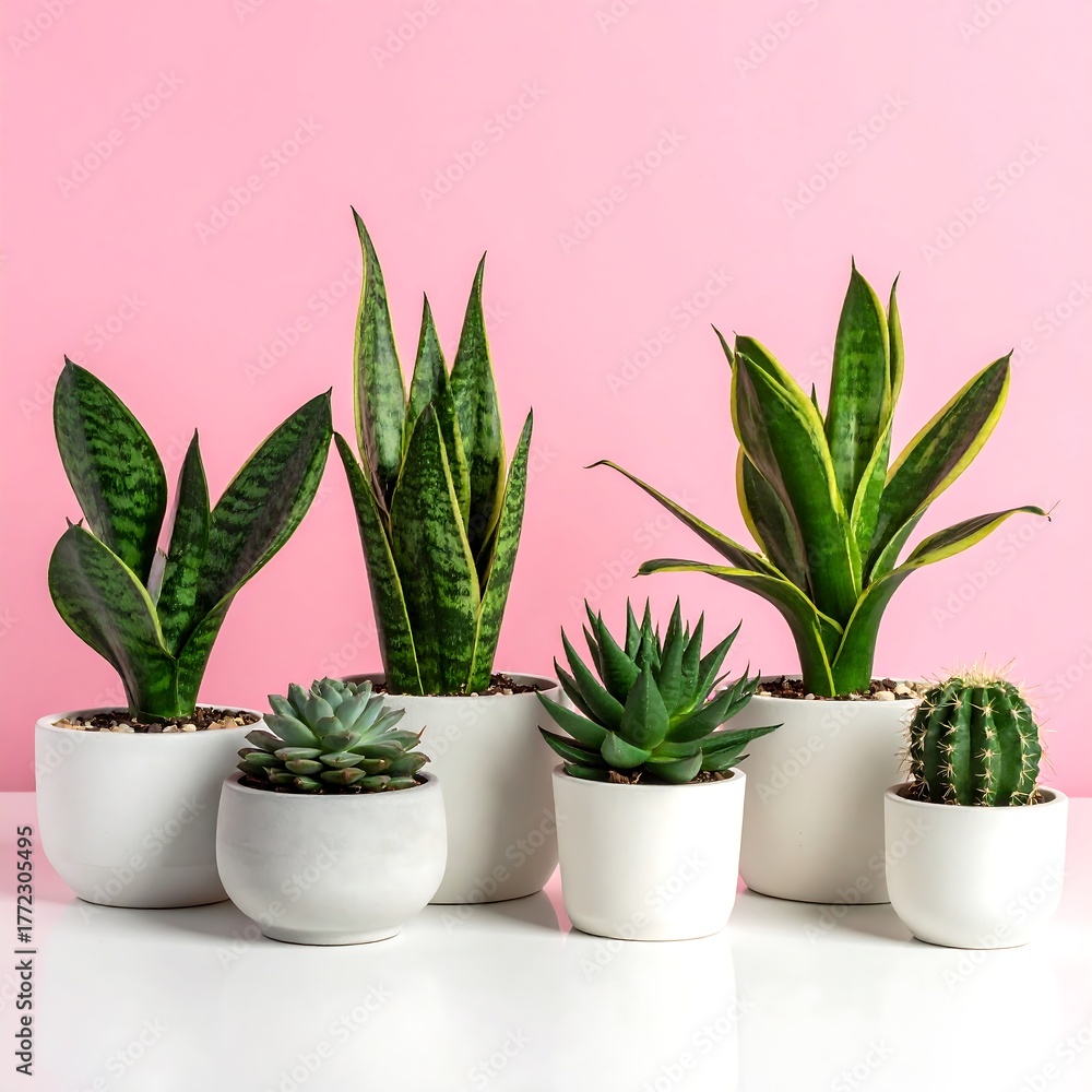 Fototapeta premium A group of potted house plants against a vibrant pink background on a white surface