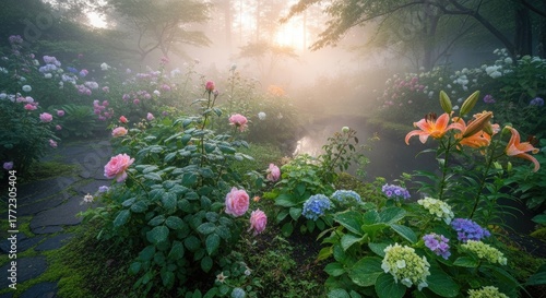 Enchanting misty morning garden awakens with dew kissed roses, vibrant lilies, and soft pastel hydrangeas creating a serene, magical pathway leading to tranquil water.