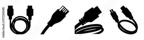 Collection of four black silhouette icons of various cables and connectors, including usb, ethernet, and audio cables, isolated on a white background