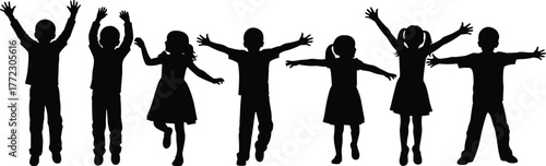 Children silhouette, playful kids, joyful childhood, group activity, happy youth, energetic pose, fun moment, white background, jumping children, unity
