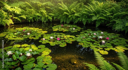Serene garden pond overflows with vibrant water lilies and lush green ferns, bathed in warm, dappled sunlight, creating a tranquil natural oasis for peaceful reflection and botanical beauty.