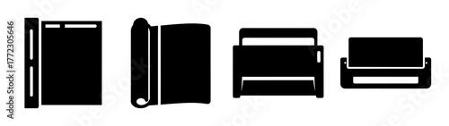 Set of four black icons representing different types of furniture, including a sofa, a chair, and two different styles of beds, all isolated on a white background