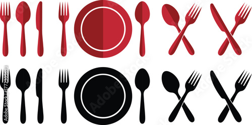 Set of fork, spoon, plate vector illustration.