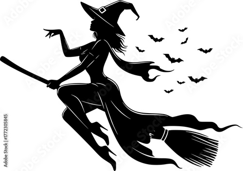 a silhouette of a sexy witch riding a broom, black and white, Halloween theme, simple vector art, minimalist design