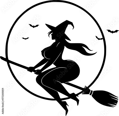 a silhouette of a sexy witch riding a broom, black and white, Halloween theme, simple vector art, minimalist design