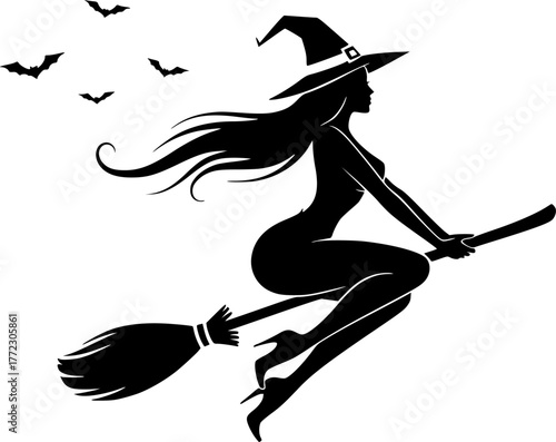 a silhouette of a sexy witch riding a broom, black and white, Halloween theme, simple vector art, minimalist design