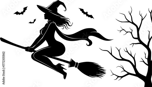 a silhouette of a sexy witch riding a broom, black and white, Halloween theme, simple vector art, minimalist design