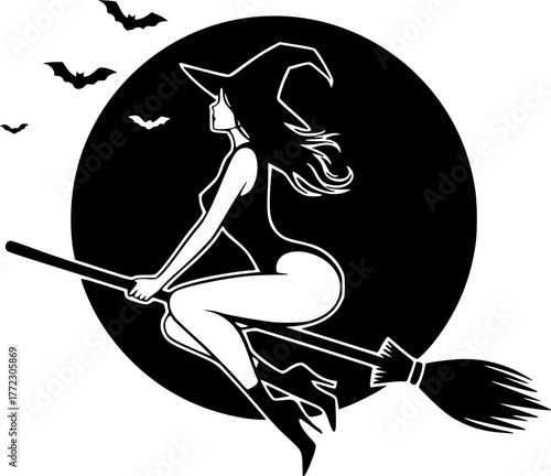 a silhouette of a sexy witch riding a broom, black and white, Halloween theme, simple vector art, minimalist design