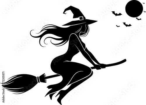 a silhouette of a sexy witch riding a broom, black and white, Halloween theme, simple vector art, minimalist design