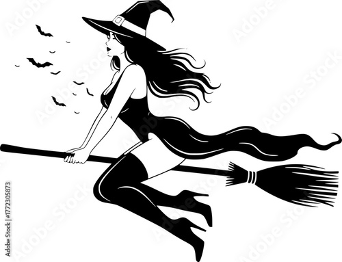 a silhouette of a sexy witch riding a broom, black and white, Halloween theme, simple vector art, minimalist design