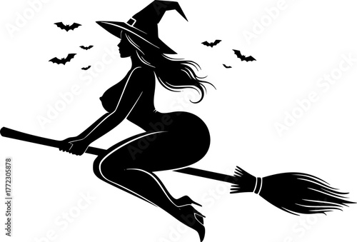 a silhouette of a sexy witch riding a broom, black and white, Halloween theme, simple vector art, minimalist design