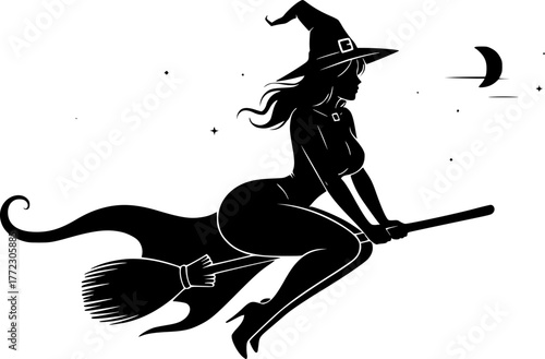 a silhouette of a sexy witch riding a broom, black and white, Halloween theme, simple vector art, minimalist design