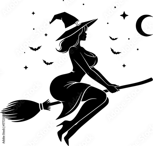 a silhouette of a sexy witch riding a broom, black and white, Halloween theme, simple vector art, minimalist design