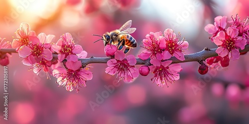 A hardworking honeybee collects nectar from vibrant pink cherry blossoms on a slender branch under warm, glowing sunlight in spring