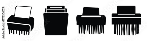 Collection of four black silhouette icons representing different types of paper shredders