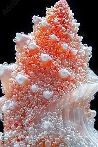 A detailed close-up of an orange and white textured seashell adorned with numerous tiny, sparkling air bubbles, set against a dark background