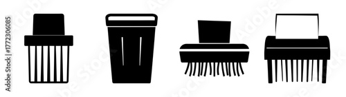 Collection of four black silhouette icons representing destruction and disposal a shredder, a trash can, a brush, and a paper shredder, all isolated on a white background