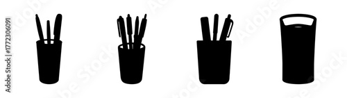 Four black silhouette icons of pen holders with pens and one empty pen holder isolated on white background