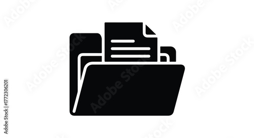 Illustration of a black folder with documents inside on a white background in a simple style