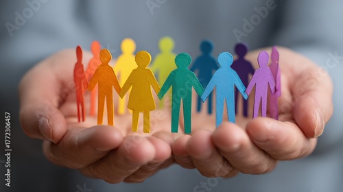 A pair of hands holds colorful paper figures, symbolizing unity, diversity, and community support.