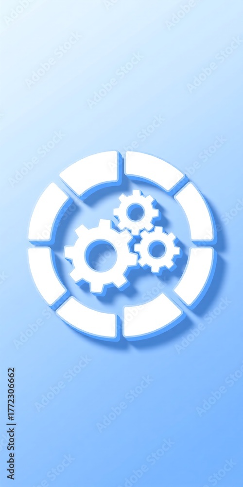 Fototapeta premium A stylized white gear icon with a glowing blue gradient background, symbolizing technology, settings or system configuration.