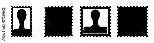 Four postage stamps, two with a silhouette of a persons head and shoulders and two blank, all with perforated edges on a white background