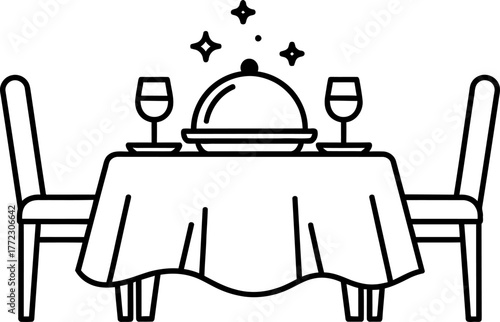Romantic dinner for two icon. Line art illustration of a fine dining table with a cloche and wine glasses