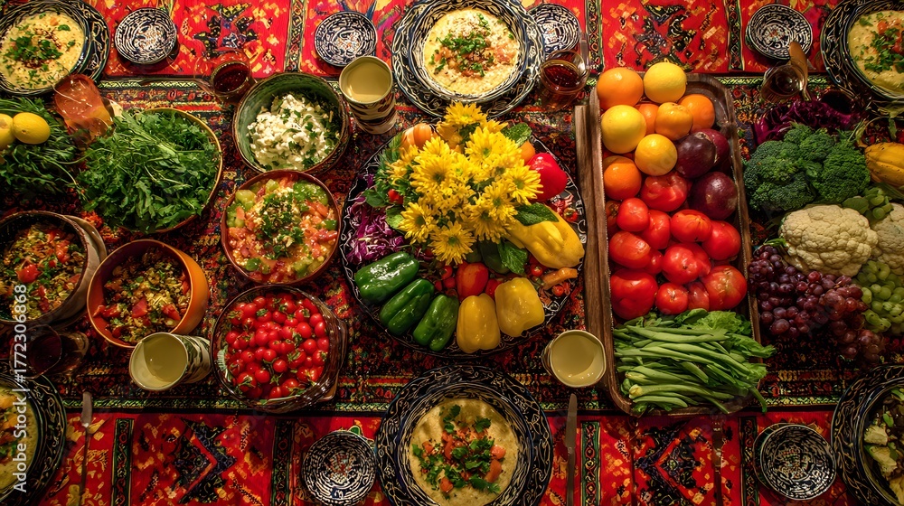 Fototapeta premium Abundant spread of fresh fruits, vegetables, and prepared dishes covers an intricately patterned textile surface