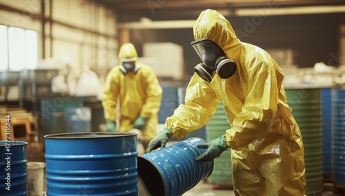 Workers in protective gear handle hazardous materials in a facility, ensuring safety while managing environmental risks.