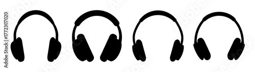 A row of four black silhouette headphones on a white background, representing audio equipment and sound technology