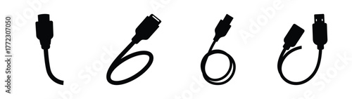 Various hdmi cable connector configurations and curled wire forms isolated visual representation